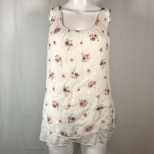Via Signoria Shirt‎ Womens Sz S White Floral Silk Tank Top Ruffle Made In Italy